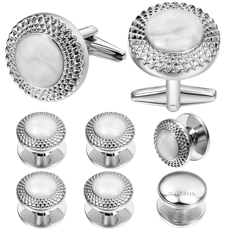 Cufflinks Silver Set - HAWSON Conjunto de abotoaduras e botões