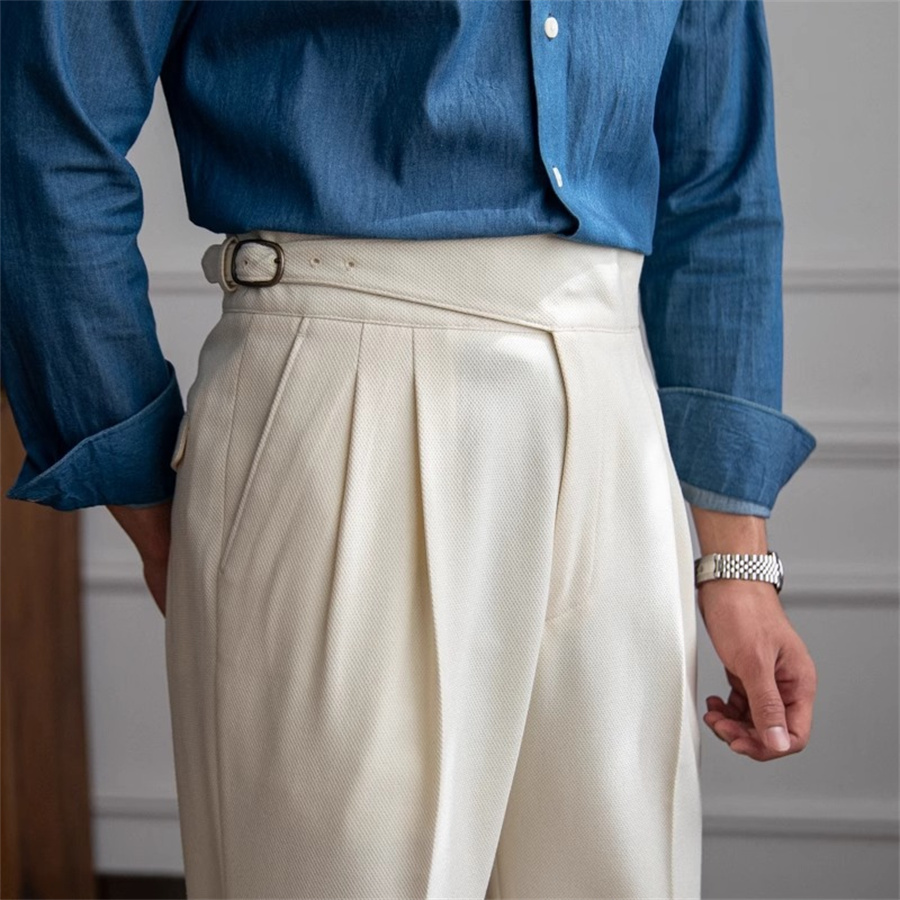 Men'S Formal Wear Belt - Calça reta plissada masculina, terno monocromático,
