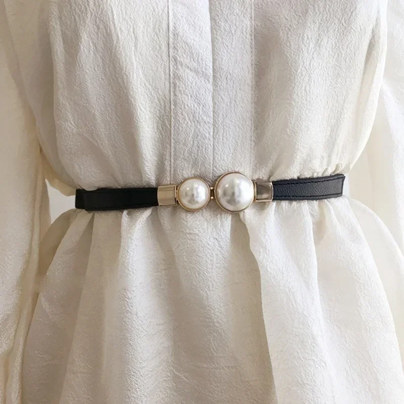 Formal Belt Leather Thin - Cinto feminino criativo duplo pérola vestido