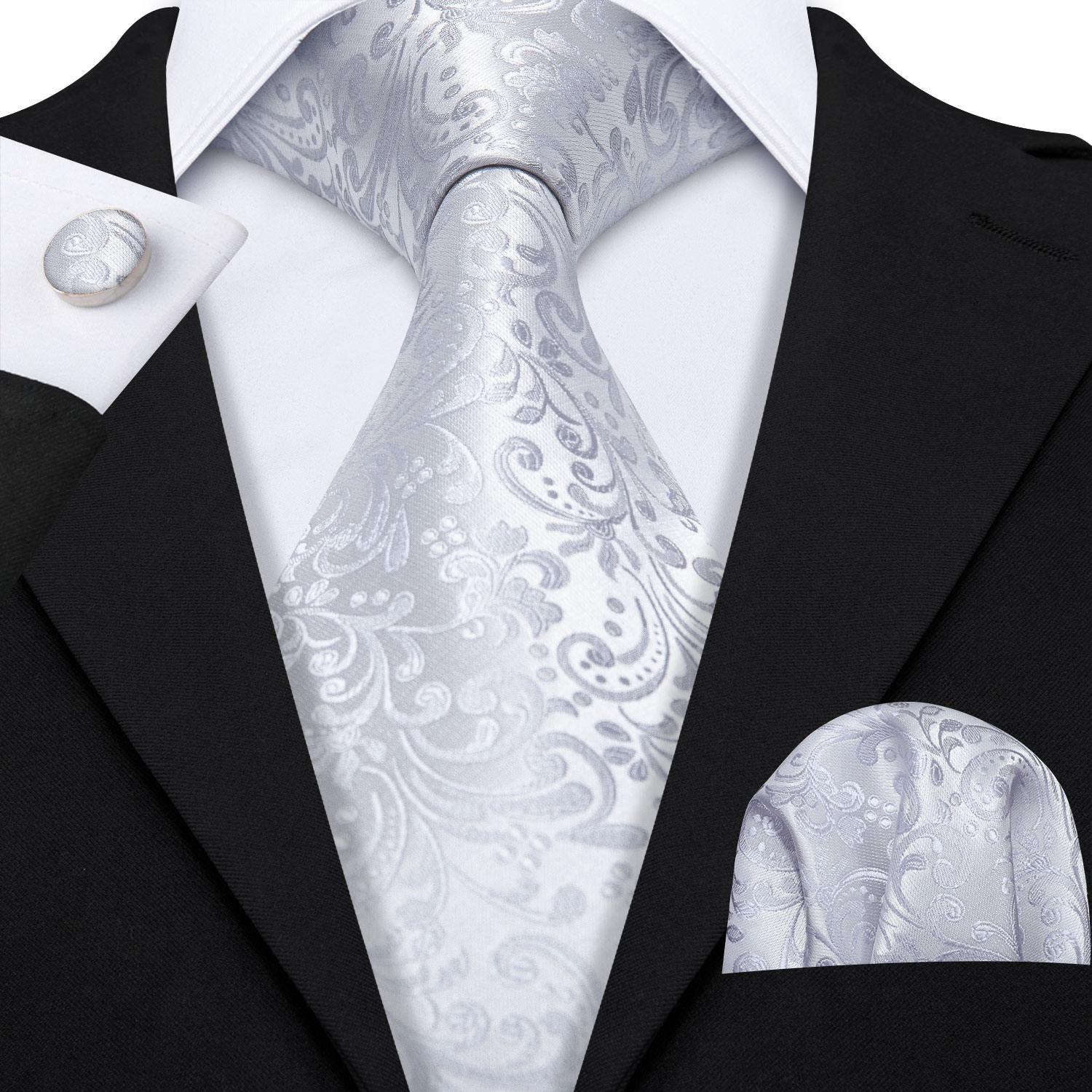 Branco prata damasco gravatas  - Cufflinks Silver Set avaliação e preço